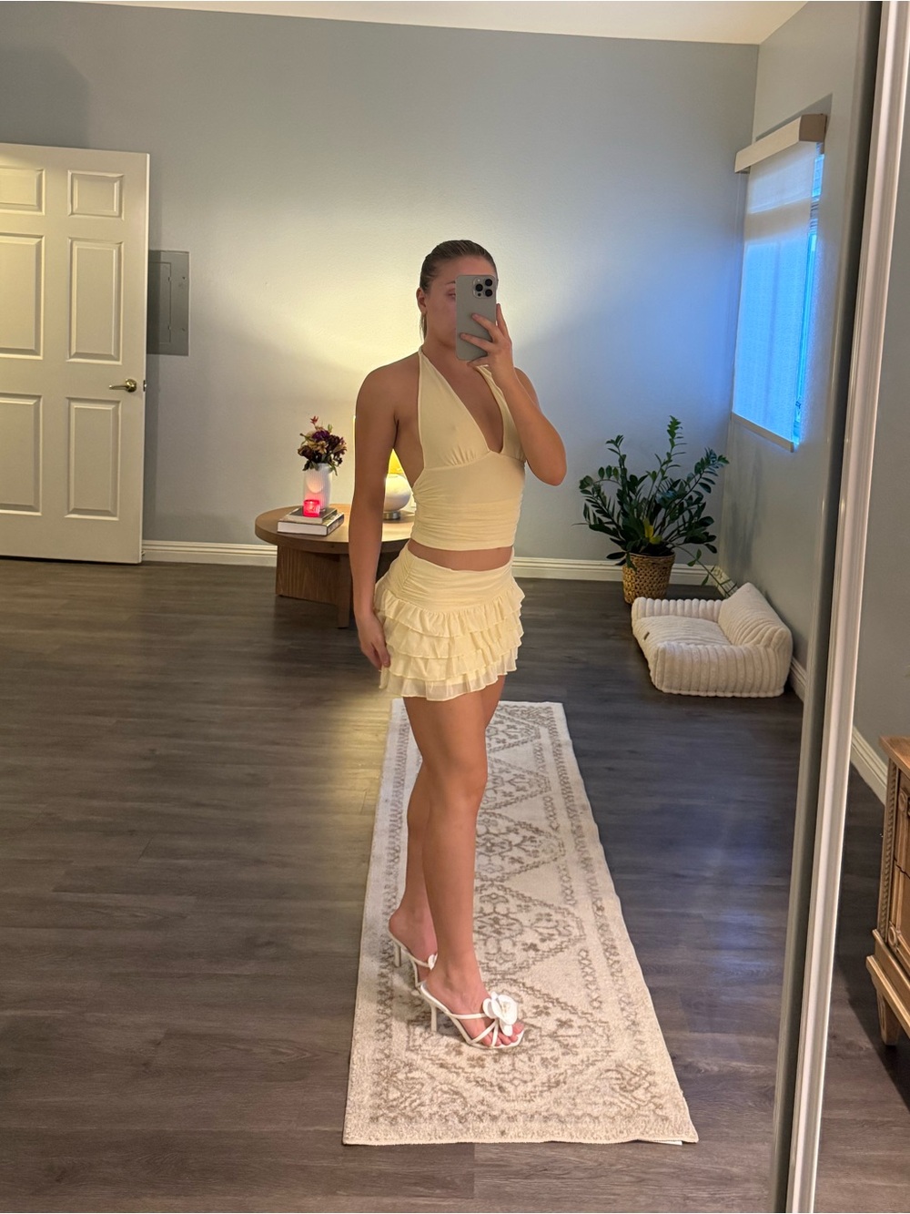 SHEIN Butter Yellow Ruffled Mini Skirt with Matching Halter Crop Top